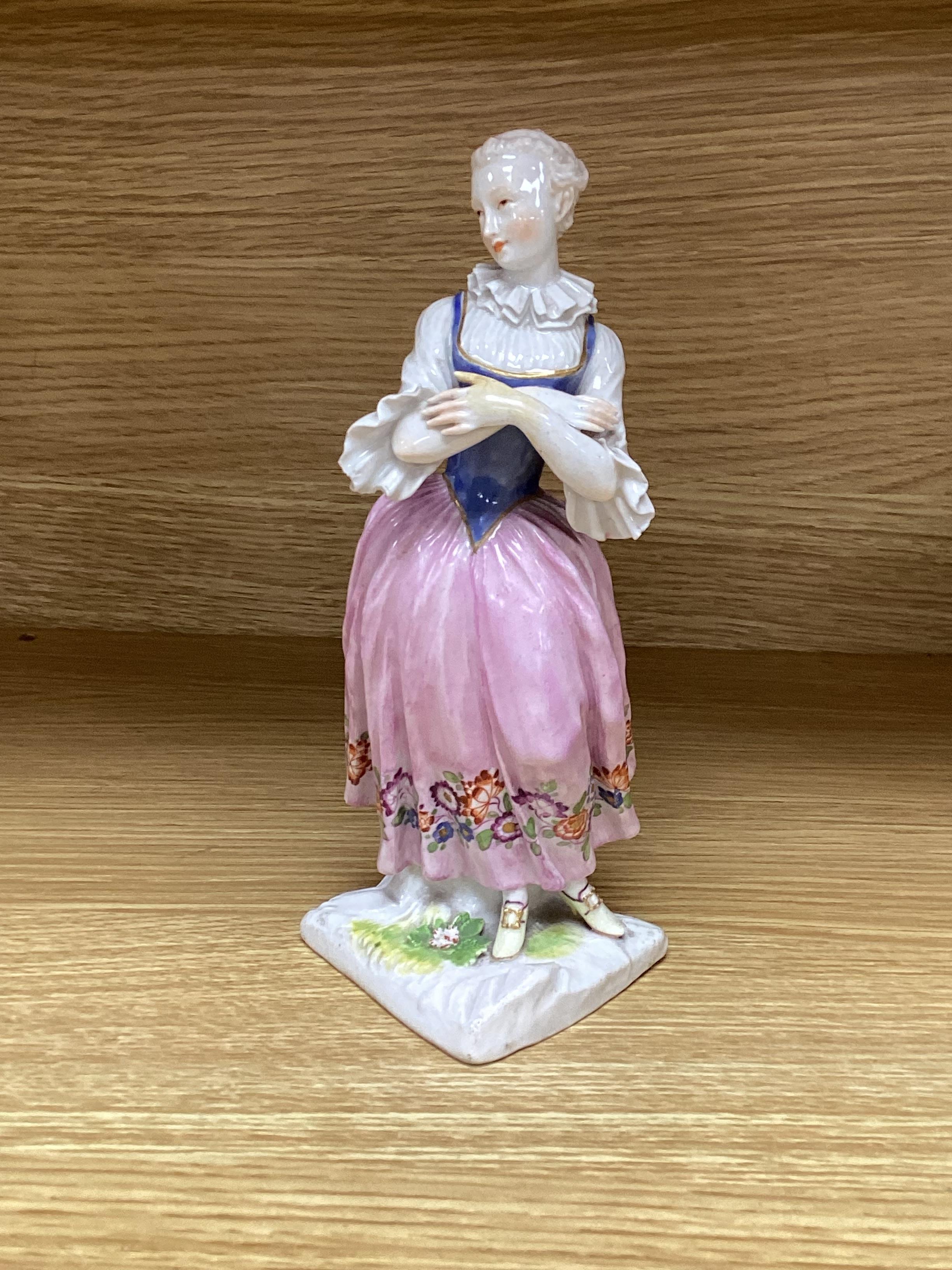 An 18th century Meissen figure group, 16cm, two 19th century Meissen figures, German cockatoo, and a Dresden asiatic pheasant